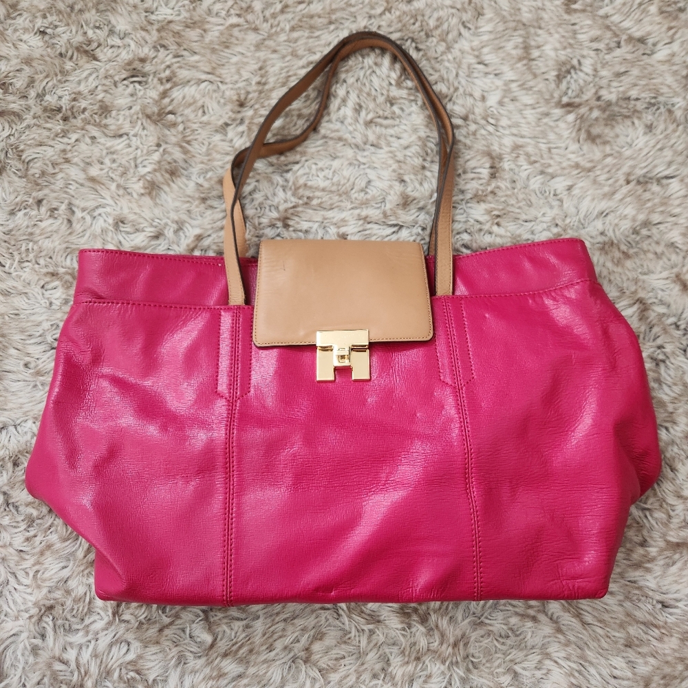 Tommy Hilfiger Monogram Clasp Tote‎ Bright Pink And Tan
